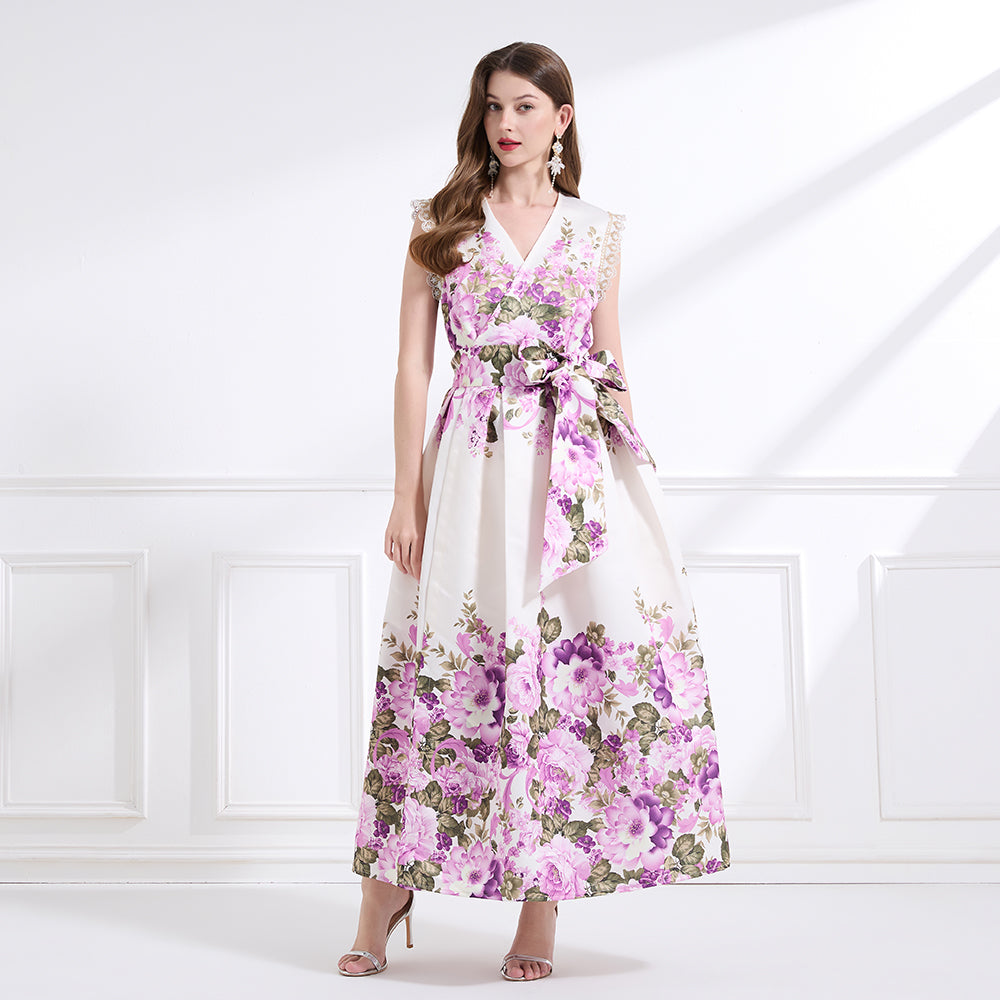 CM-DY041435 Women Trendy Bohemian Style Floral Print V-Neck Boat Sleeve Long Dress - Apricot