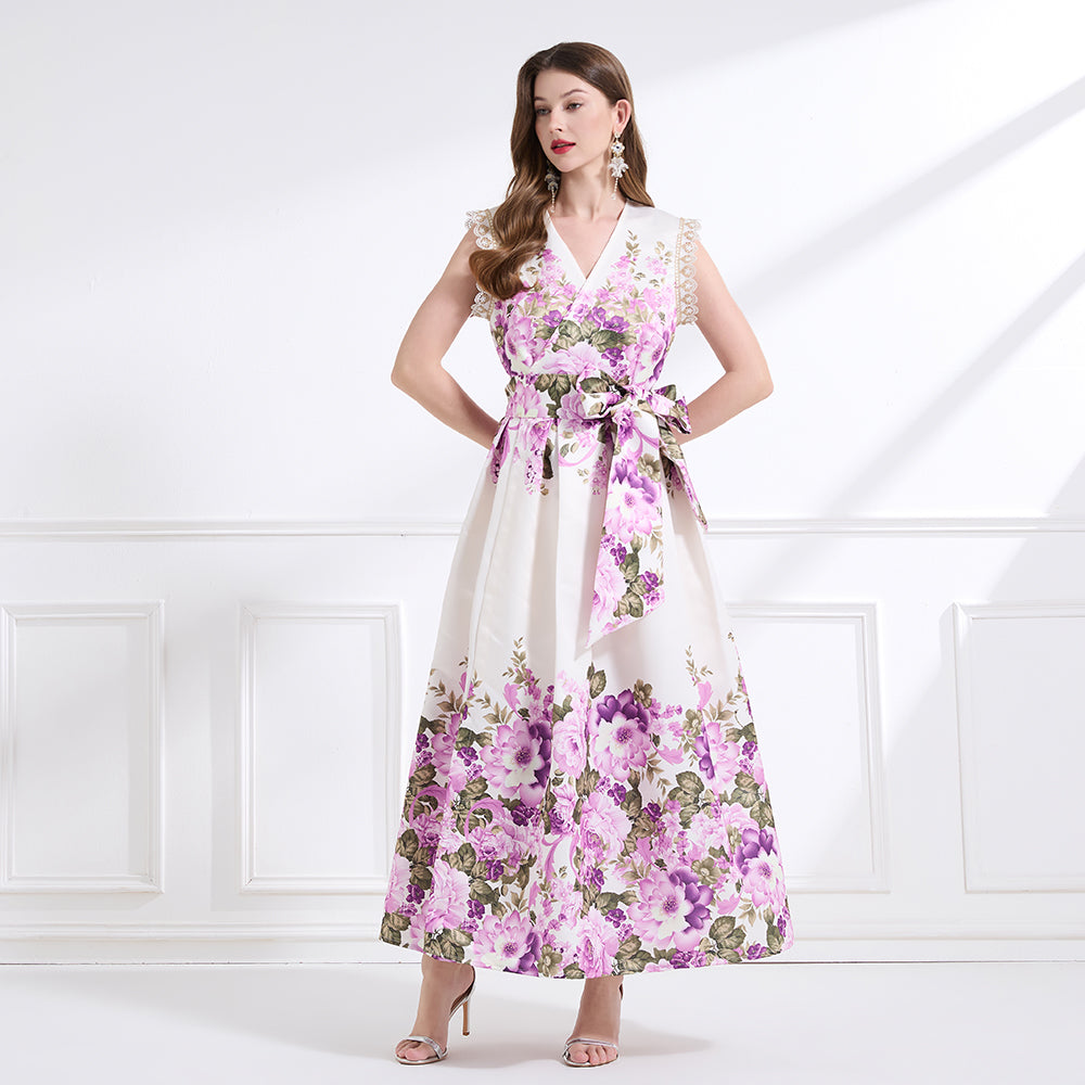 CM-DY041435 Women Trendy Bohemian Style Floral Print V-Neck Boat Sleeve Long Dress - Apricot