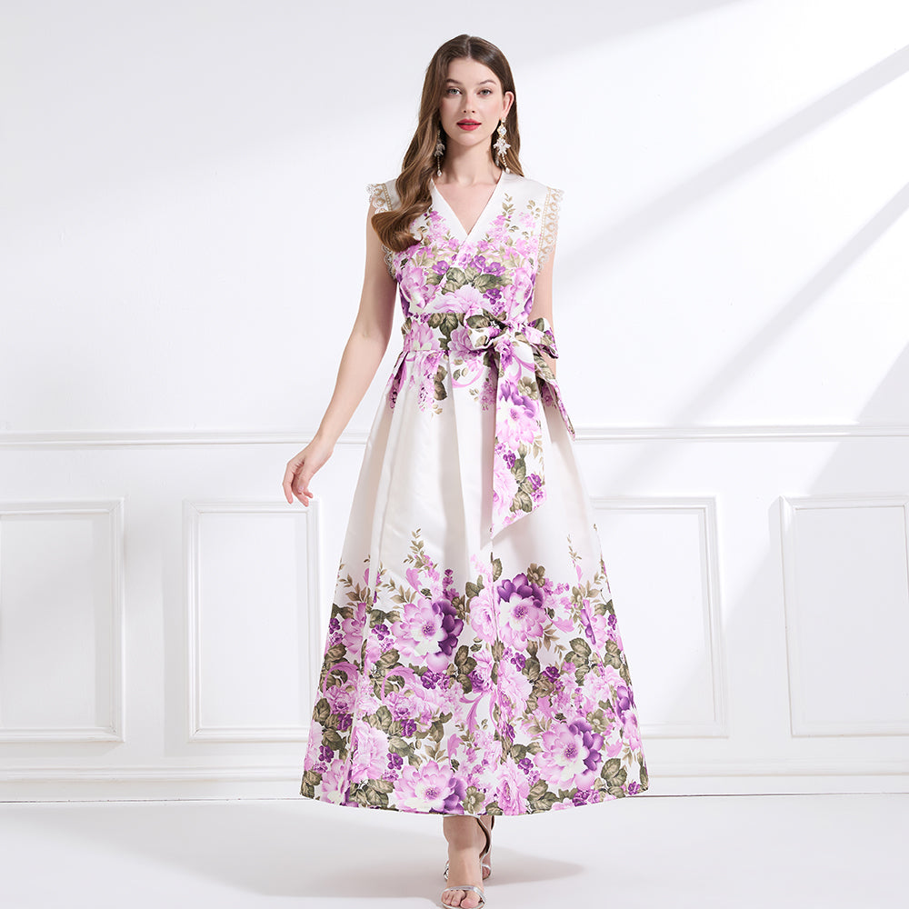CM-DY041435 Women Trendy Bohemian Style Floral Print V-Neck Boat Sleeve Long Dress - Apricot