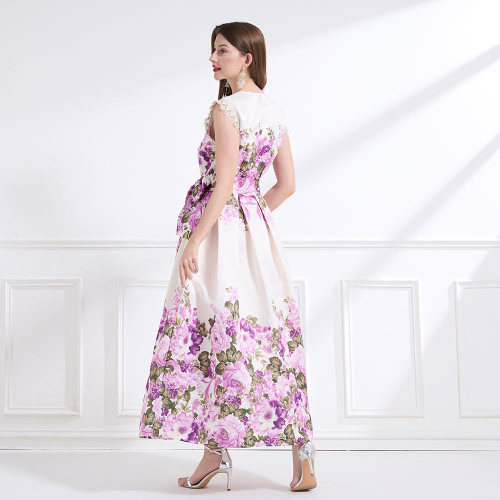 CM-DY041435 Women Trendy Bohemian Style Floral Print V-Neck Boat Sleeve Long Dress - Apricot
