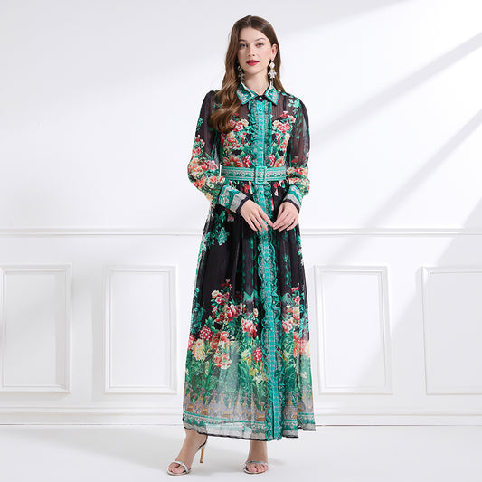CM-DY041436 Women Trendy Bohemian Style Chiffon Bow Decor Long Sleeve Belted Maxi Dress - Black