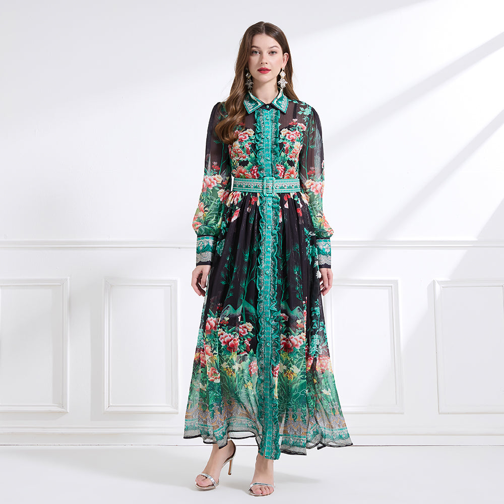 CM-DY041436 Women Trendy Bohemian Style Chiffon Bow Decor Long Sleeve Belted Maxi Dress - Black
