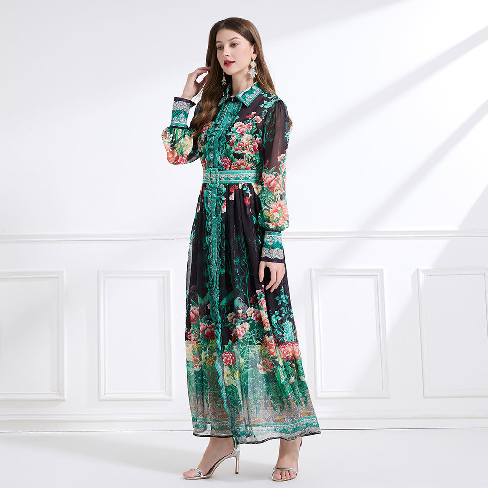 CM-DY041436 Women Trendy Bohemian Style Chiffon Bow Decor Long Sleeve Belted Maxi Dress - Black