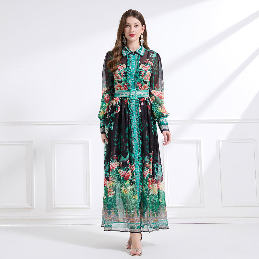 CM-DY041436 Women Trendy Bohemian Style Chiffon Bow Decor Long Sleeve Belted Maxi Dress - Black