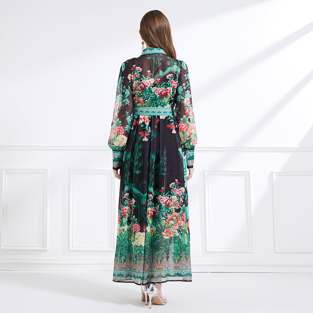 CM-DY041436 Women Trendy Bohemian Style Chiffon Bow Decor Long Sleeve Belted Maxi Dress - Black