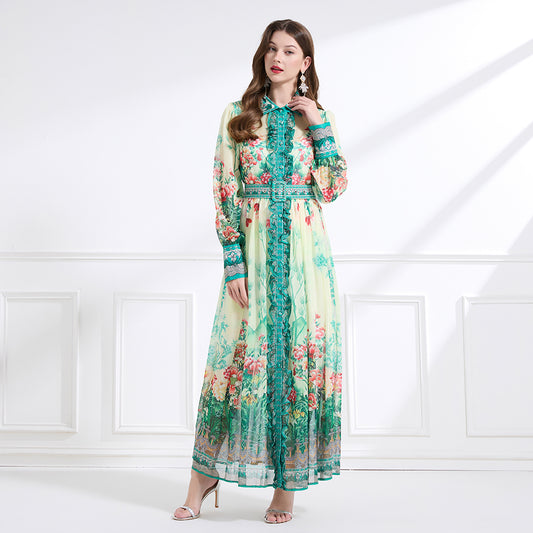 CM-DY041437 Women Trendy Bohemian Style Chiffon Bow Decor Long Sleeve Belted Maxi Dress - Apricot