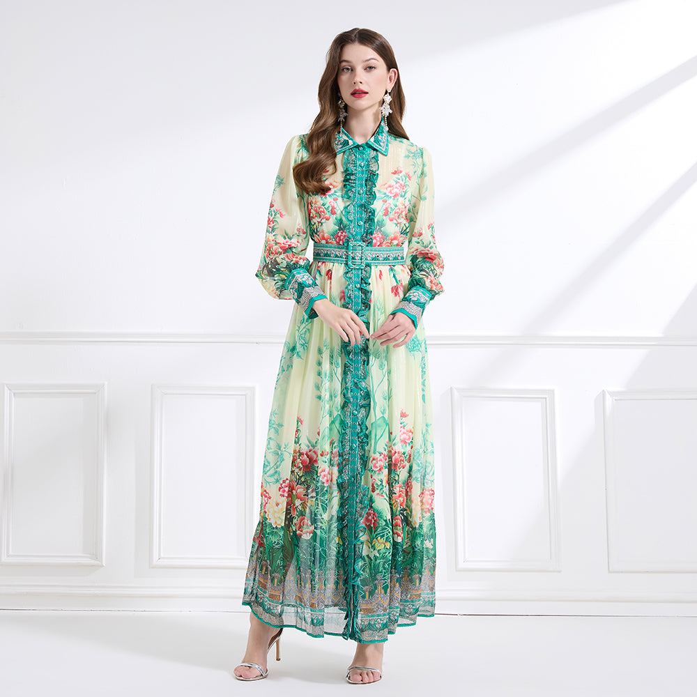 CM-DY041437 Women Trendy Bohemian Style Chiffon Bow Decor Long Sleeve Belted Maxi Dress - Apricot