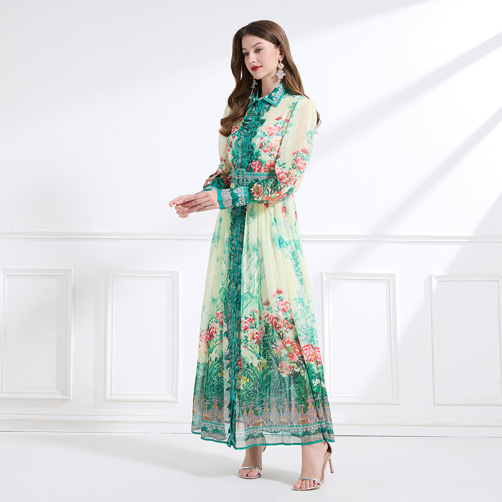 CM-DY041437 Women Trendy Bohemian Style Chiffon Bow Decor Long Sleeve Belted Maxi Dress - Apricot