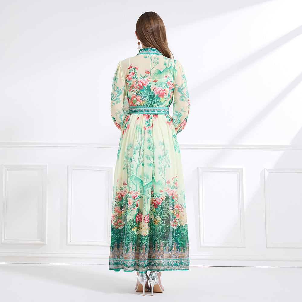 CM-DY041437 Women Trendy Bohemian Style Chiffon Bow Decor Long Sleeve Belted Maxi Dress - Apricot