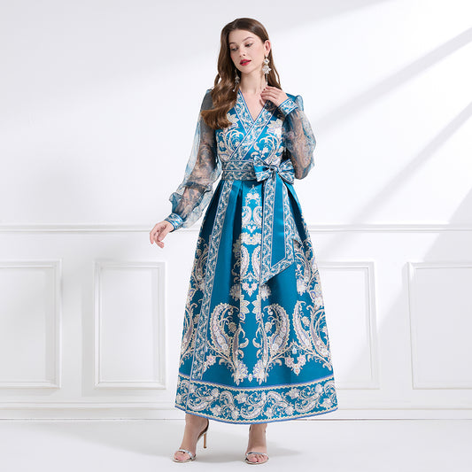 CM-DY041438 Women Trendy Bohemiab Style Cross Collar Floral Prints Lantern Sleeve Dress - Blue
