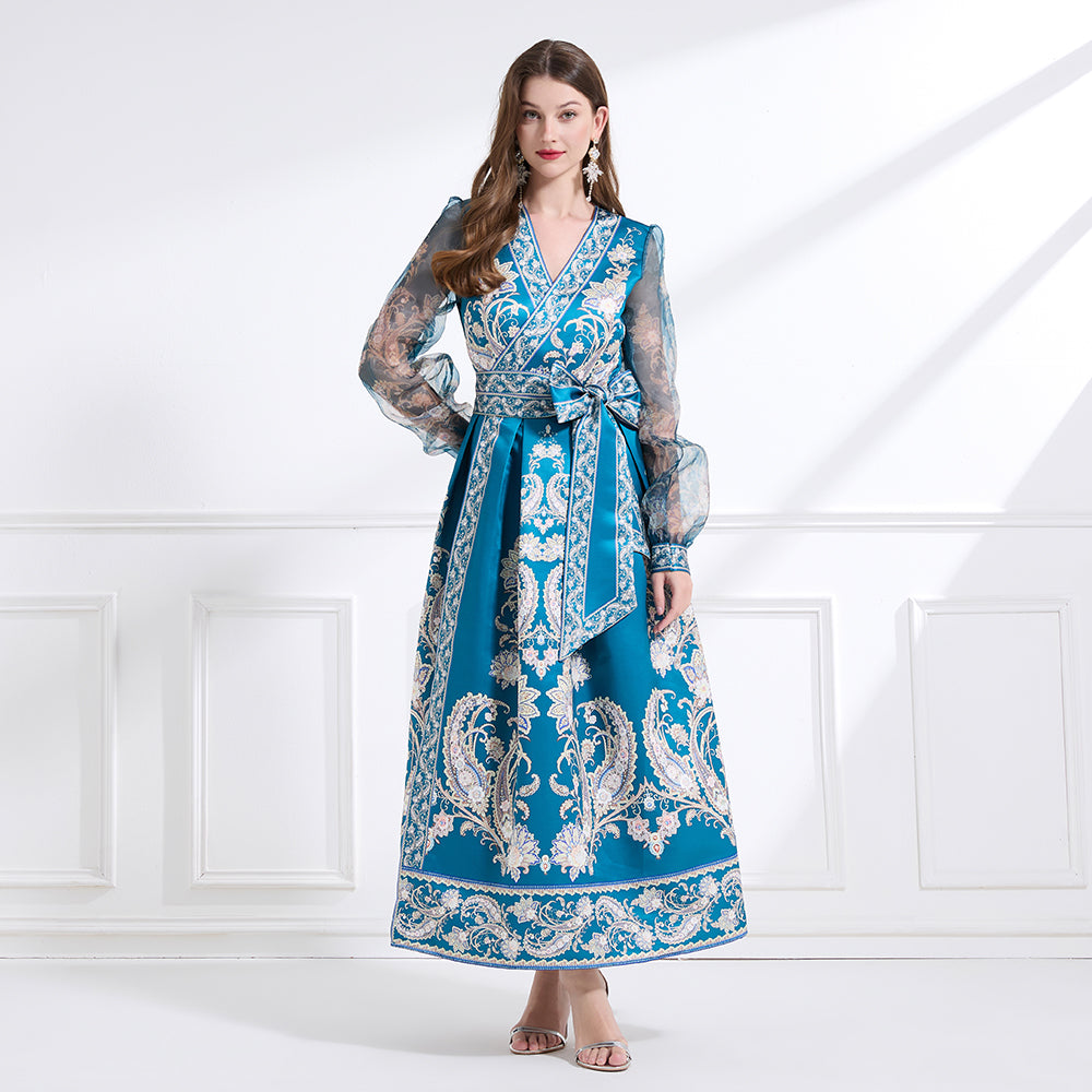 CM-DY041438 Women Trendy Bohemiab Style Cross Collar Floral Prints Lantern Sleeve Dress - Blue