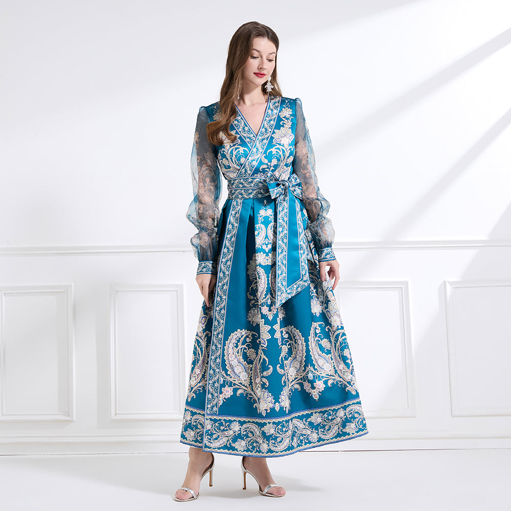 CM-DY041438 Women Trendy Bohemiab Style Cross Collar Floral Prints Lantern Sleeve Dress - Blue