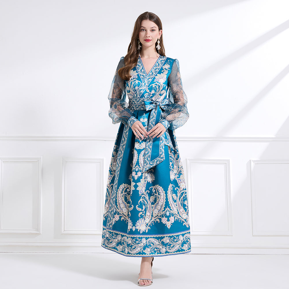 CM-DY041438 Women Trendy Bohemiab Style Cross Collar Floral Prints Lantern Sleeve Dress - Blue