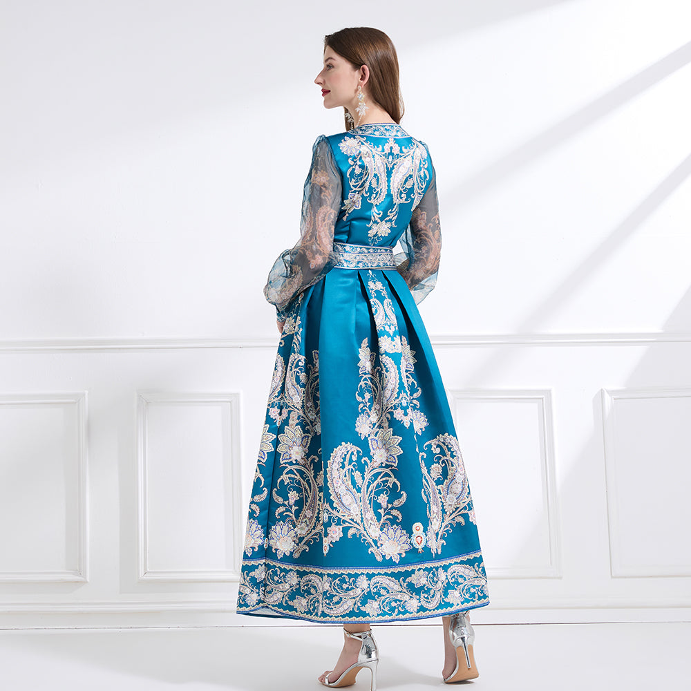 CM-DY041438 Women Trendy Bohemiab Style Cross Collar Floral Prints Lantern Sleeve Dress - Blue