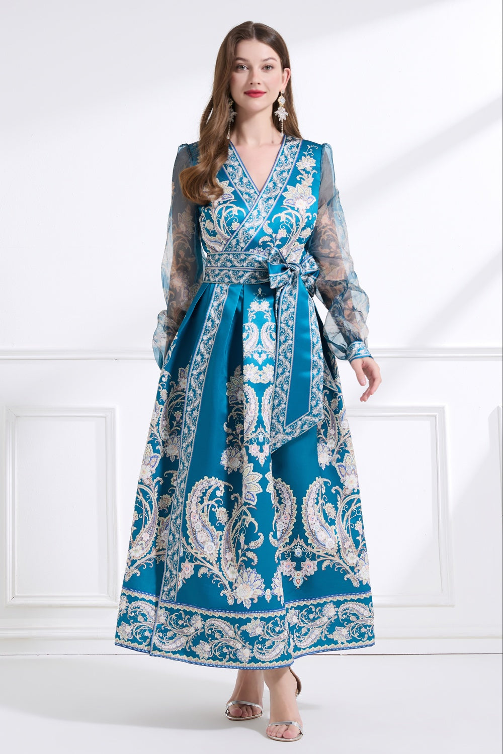 CM-DY041438 Women Trendy Bohemiab Style Cross Collar Floral Prints Lantern Sleeve Dress - Blue