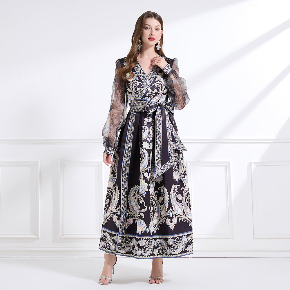 CM-DY041439 Women Trendy Bohemiab Style Cross Collar Floral Prints Lantern Sleeve Dress - Black