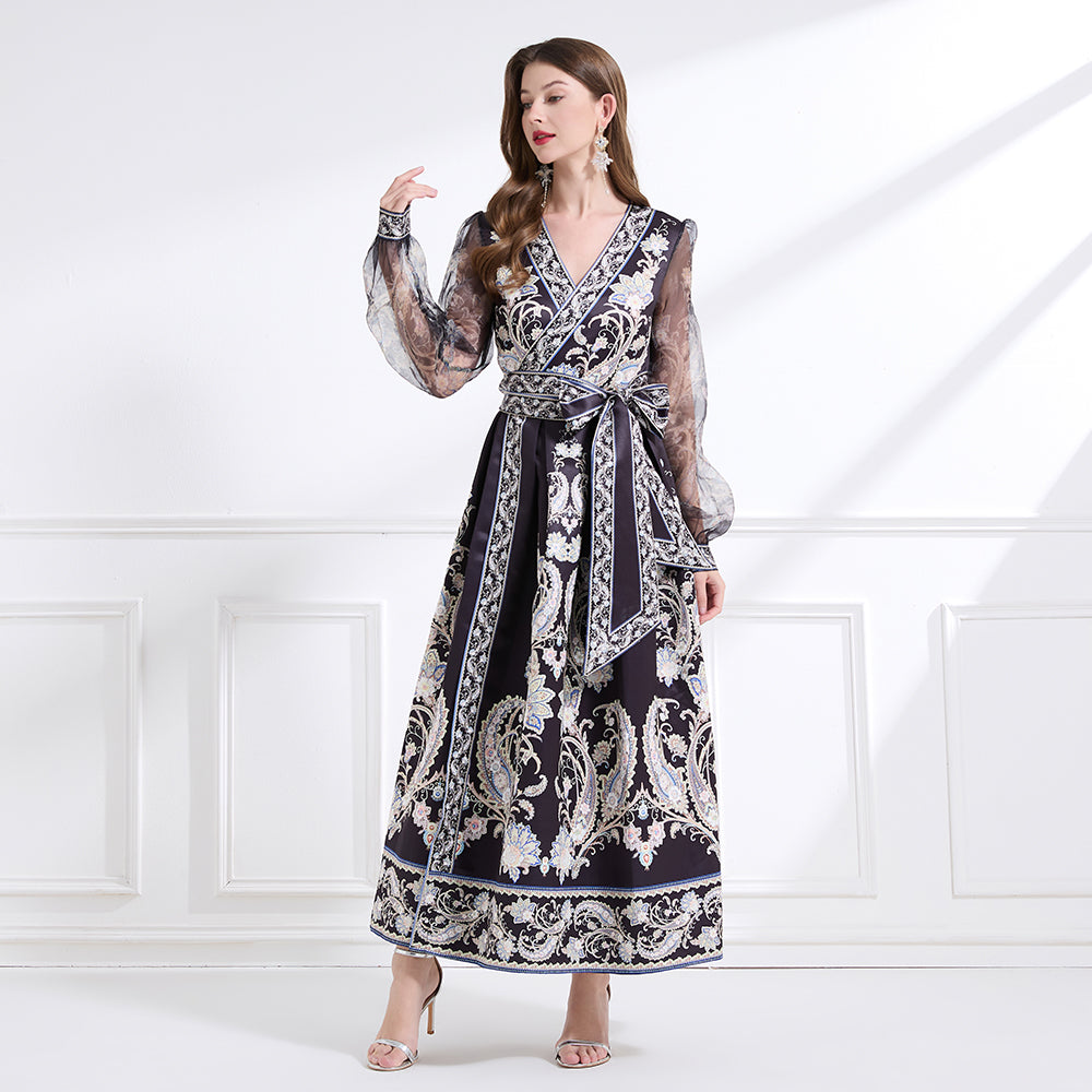 CM-DY041439 Women Trendy Bohemiab Style Cross Collar Floral Prints Lantern Sleeve Dress - Black