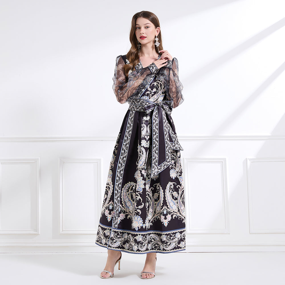 CM-DY041439 Women Trendy Bohemiab Style Cross Collar Floral Prints Lantern Sleeve Dress - Black