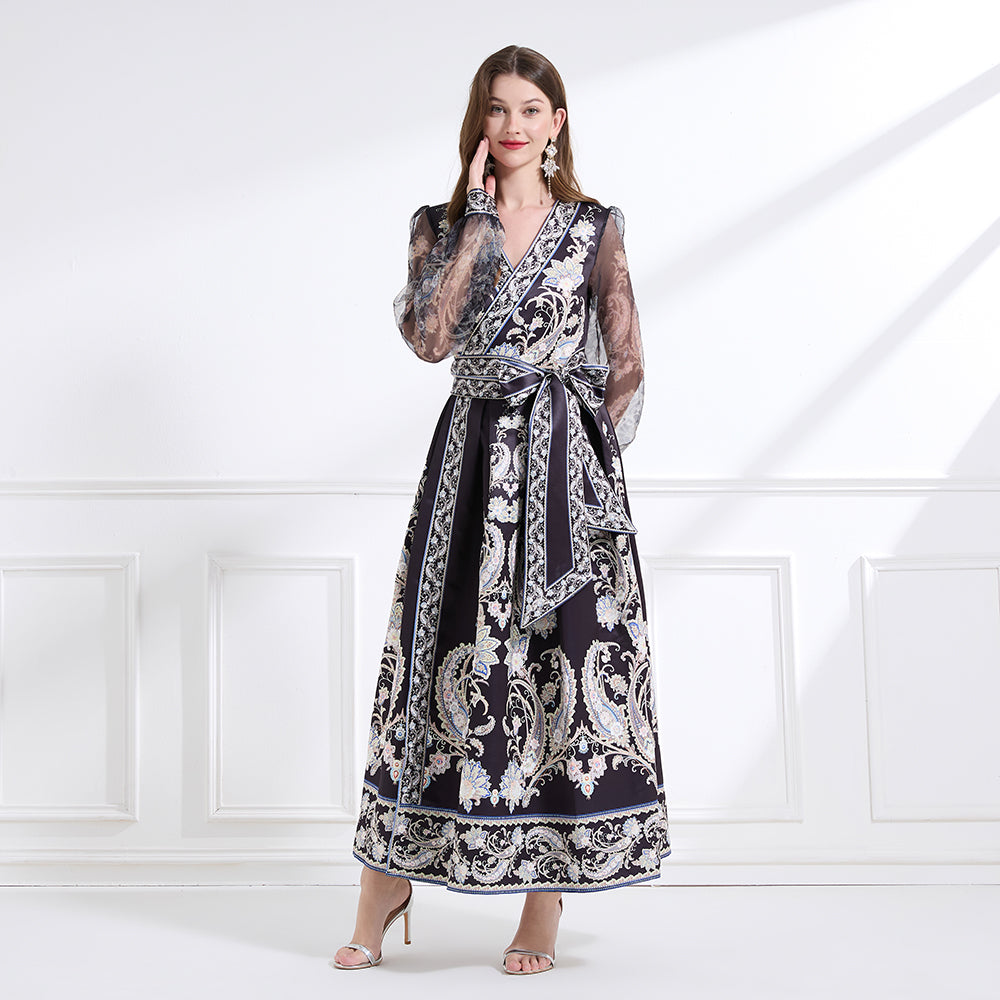 CM-DY041439 Women Trendy Bohemiab Style Cross Collar Floral Prints Lantern Sleeve Dress - Black