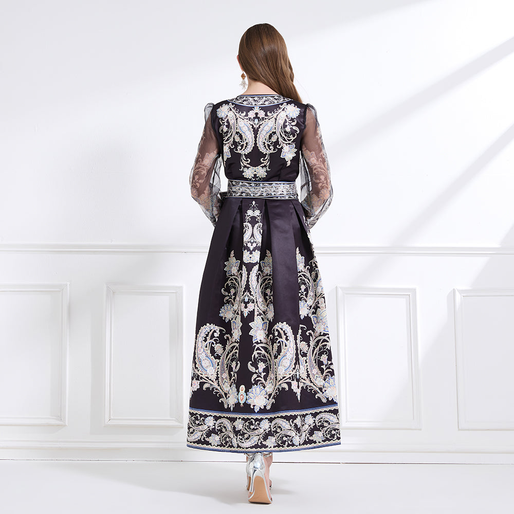 CM-DY041439 Women Trendy Bohemiab Style Cross Collar Floral Prints Lantern Sleeve Dress - Black