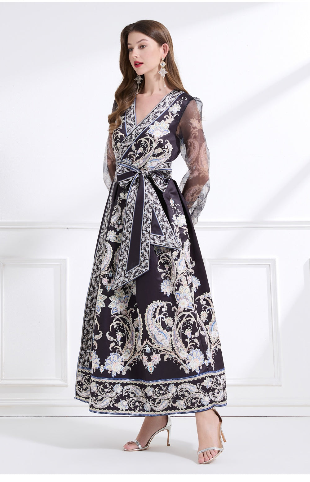 CM-DY041439 Women Trendy Bohemiab Style Cross Collar Floral Prints Lantern Sleeve Dress - Black