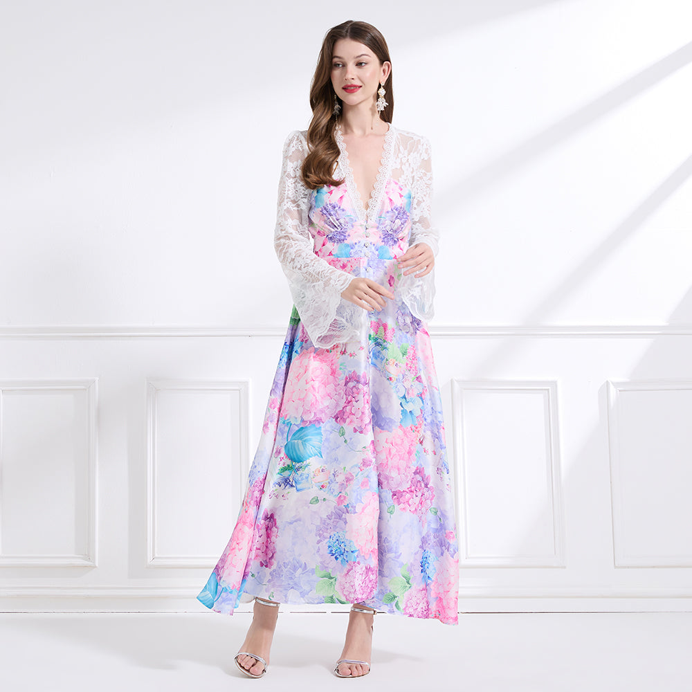 CM-DY041440 Women Trendy Bohemian Style Deep V-Neck Long Sleeve Pinched Waist Maxi Dress