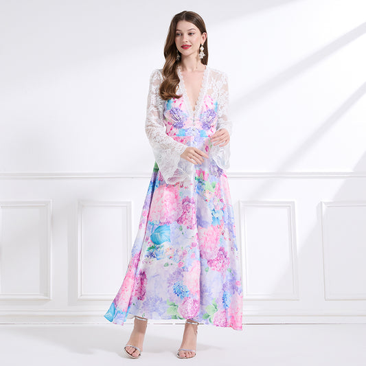 CM-DY041440 Women Trendy Bohemian Style Deep V-Neck Long Sleeve Pinched Waist Maxi Dress