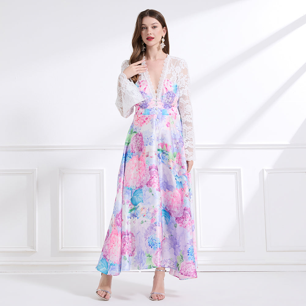 CM-DY041440 Women Trendy Bohemian Style Deep V-Neck Long Sleeve Pinched Waist Maxi Dress