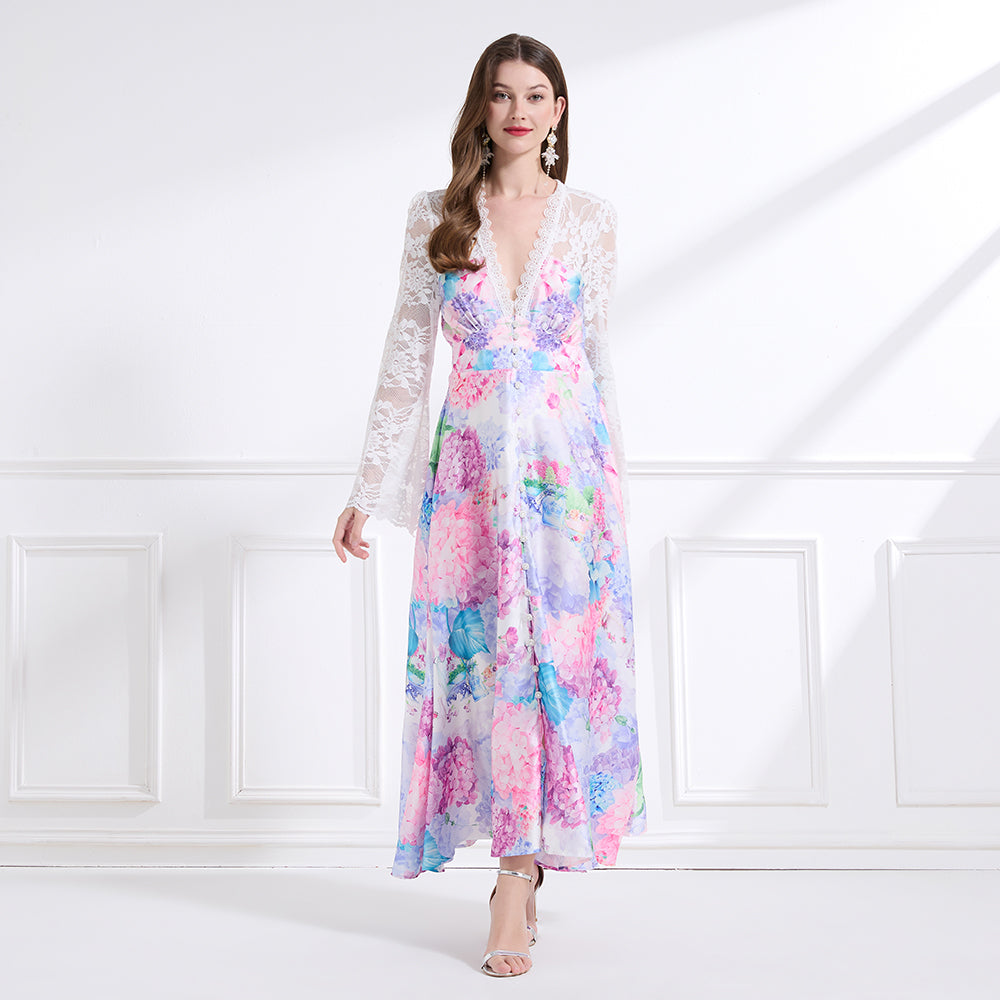 CM-DY041440 Women Trendy Bohemian Style Deep V-Neck Long Sleeve Pinched Waist Maxi Dress