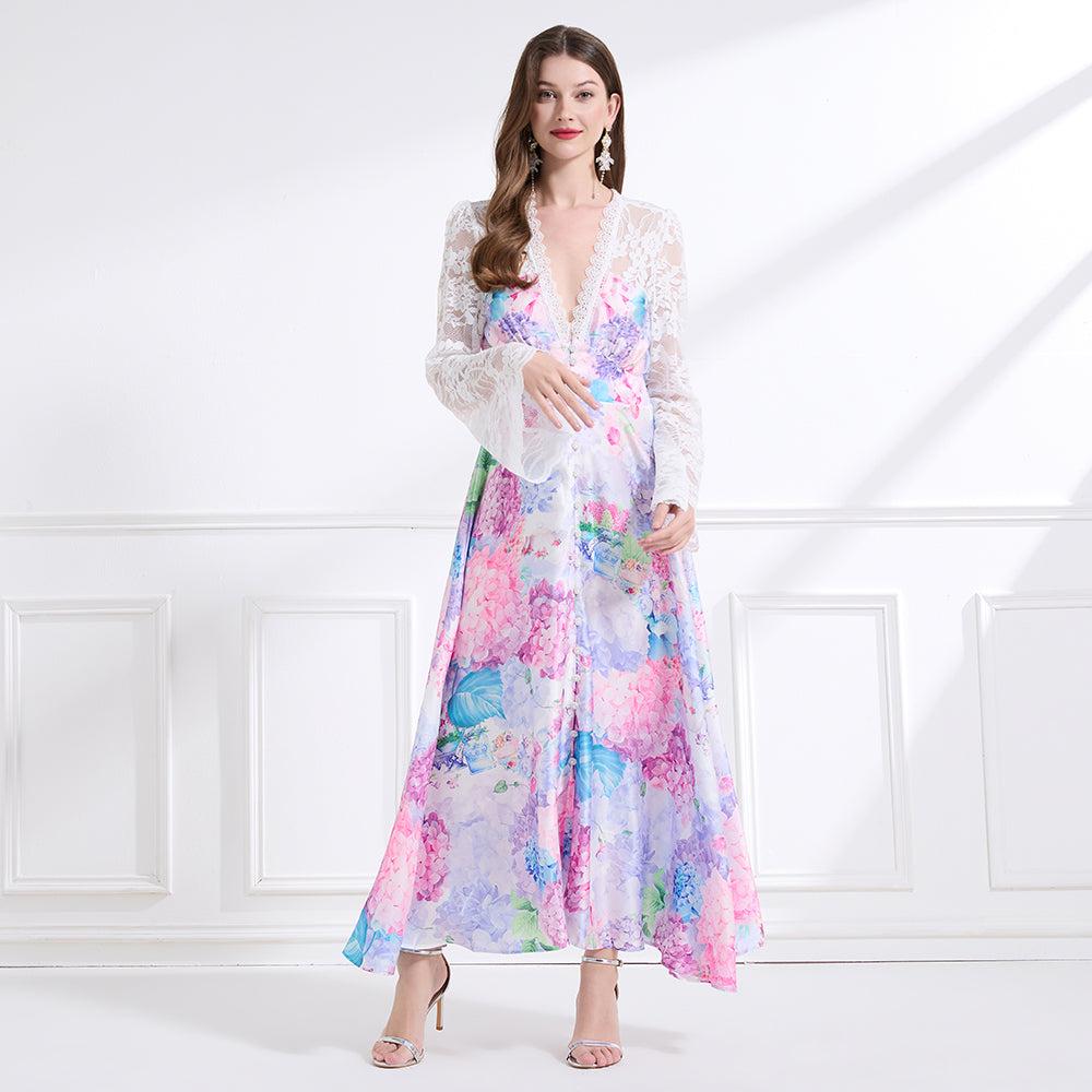 CM-DY041440 Women Trendy Bohemian Style Deep V-Neck Long Sleeve Pinched Waist Maxi Dress
