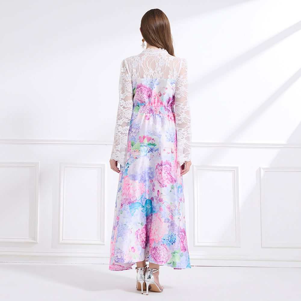 CM-DY041440 Women Trendy Bohemian Style Deep V-Neck Long Sleeve Pinched Waist Maxi Dress