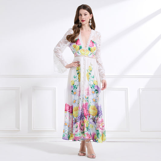 CM-DY041441 Women Trendy Bohemian Style Deep V-Neck Long Sleeve Pinched Waist Maxi Dress
