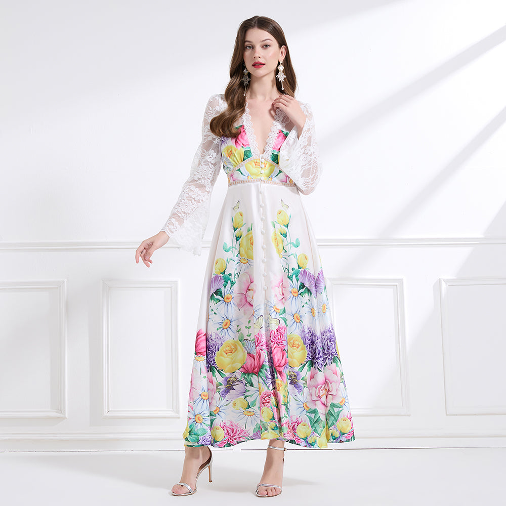CM-DY041441 Women Trendy Bohemian Style Deep V-Neck Long Sleeve Pinched Waist Maxi Dress