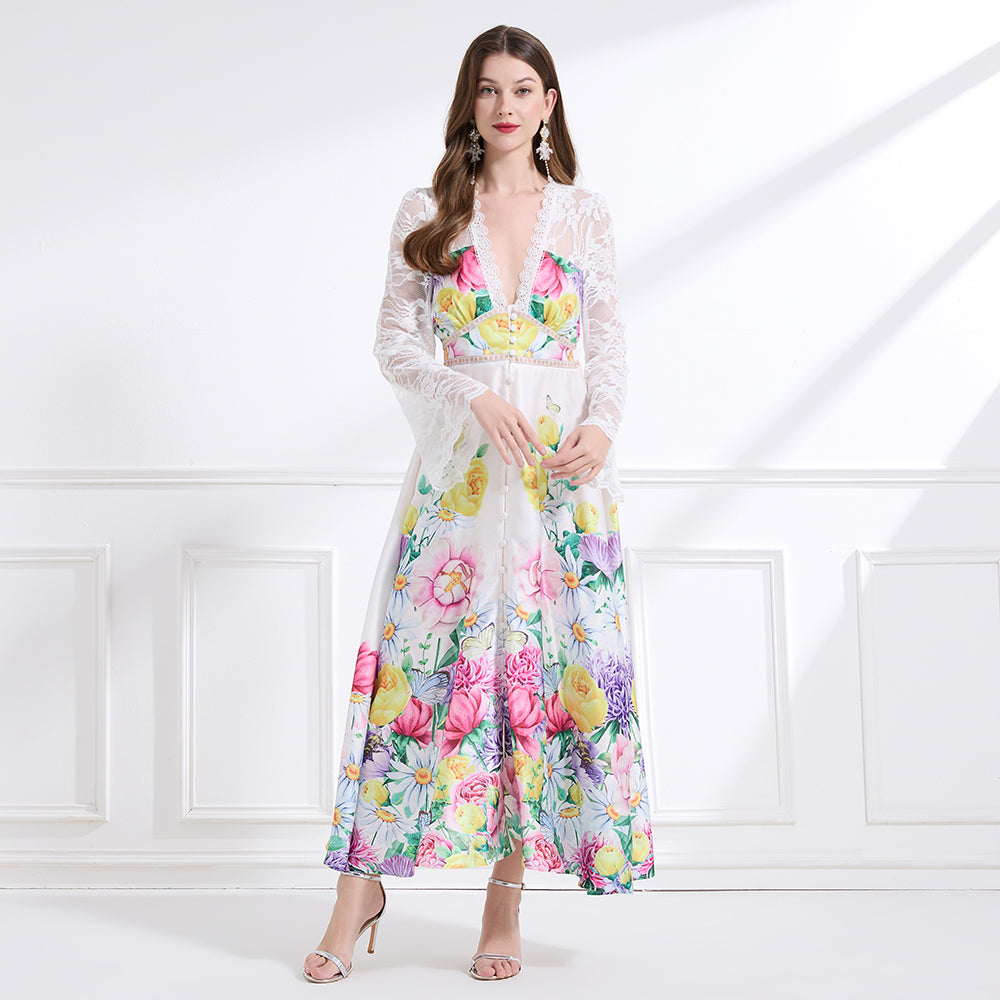 CM-DY041441 Women Trendy Bohemian Style Deep V-Neck Long Sleeve Pinched Waist Maxi Dress
