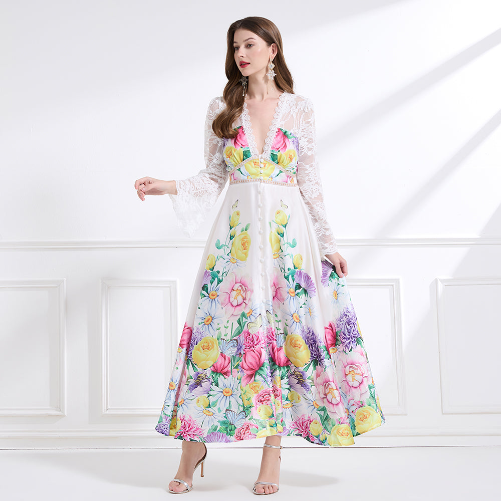 CM-DY041441 Women Trendy Bohemian Style Deep V-Neck Long Sleeve Pinched Waist Maxi Dress