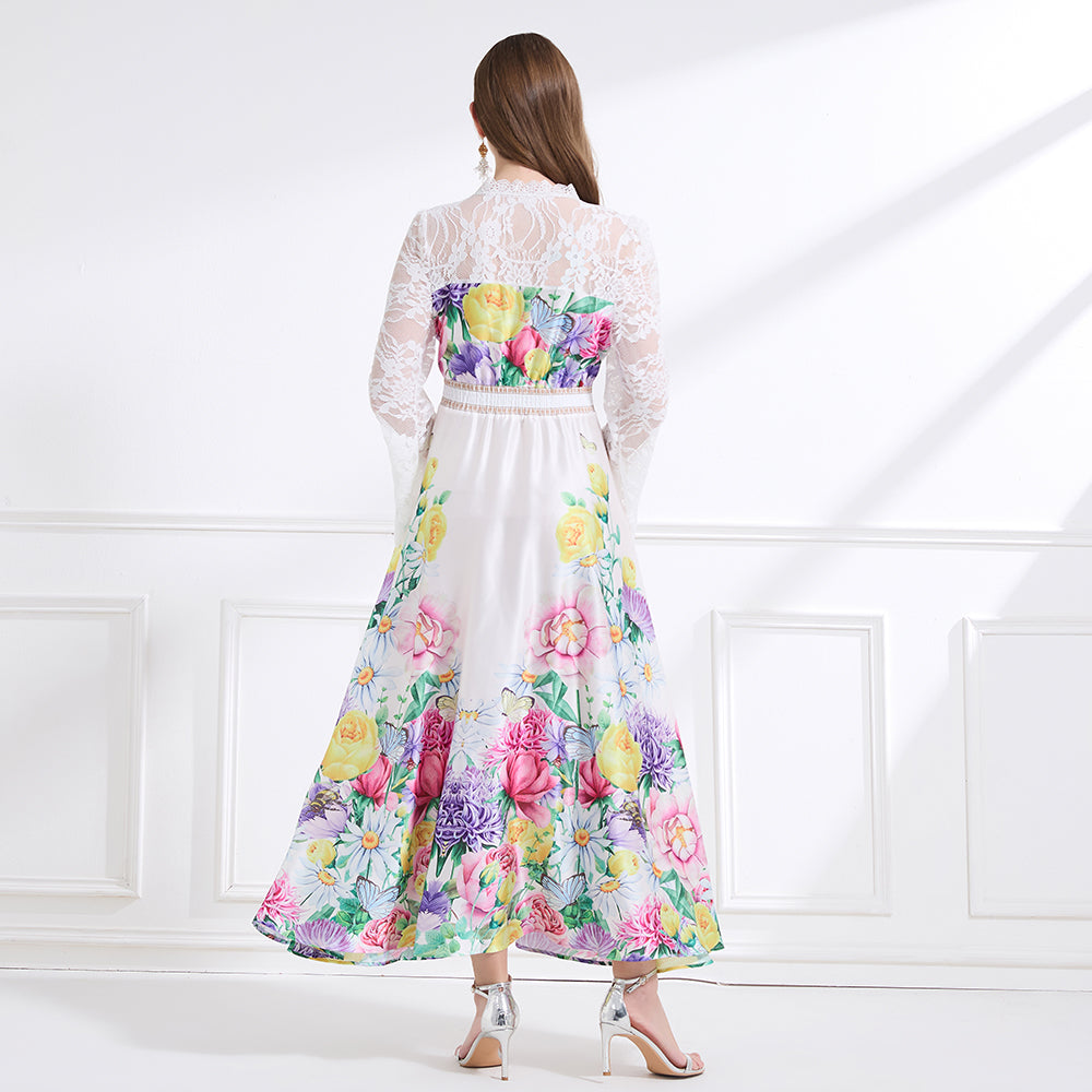 CM-DY041441 Women Trendy Bohemian Style Deep V-Neck Long Sleeve Pinched Waist Maxi Dress