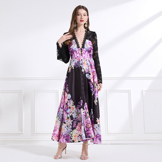 CM-DY041442 Women Trendy Bohemian Style Deep V-Neck Long Sleeve Pinched Waist Maxi Dress