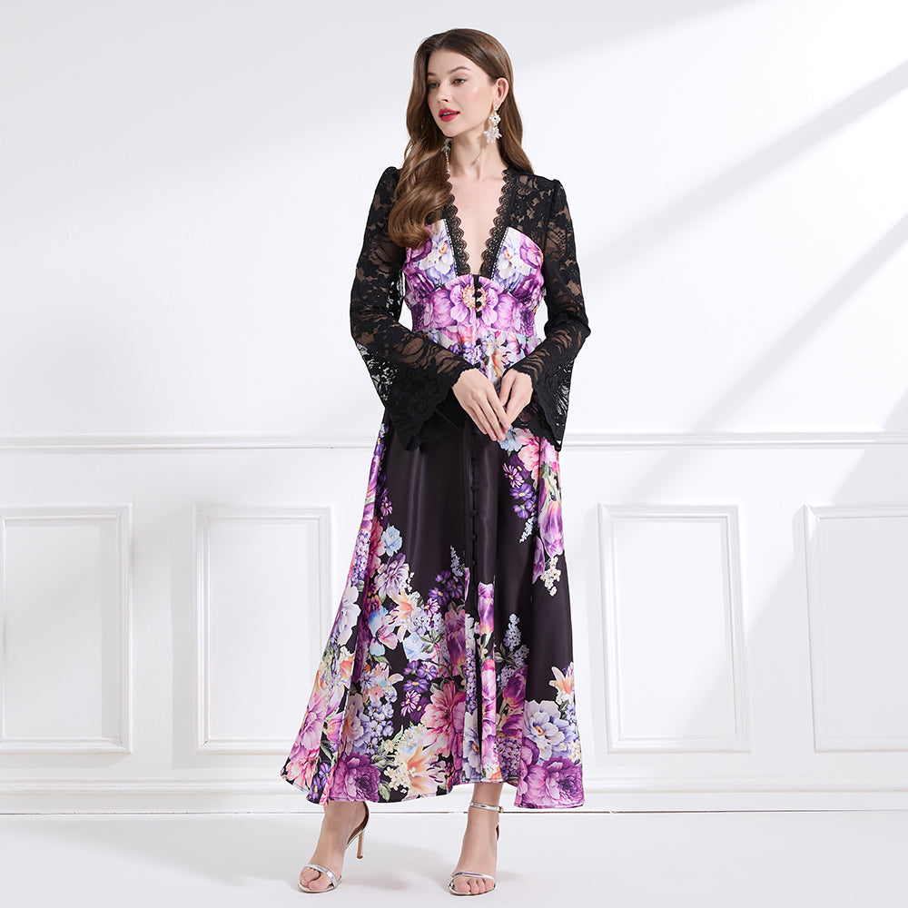 CM-DY041442 Women Trendy Bohemian Style Deep V-Neck Long Sleeve Pinched Waist Maxi Dress