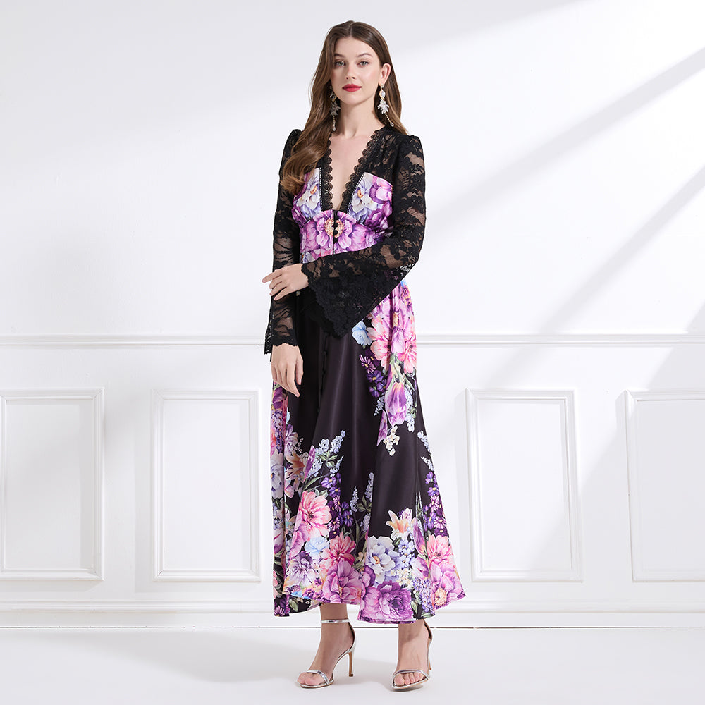 CM-DY041442 Women Trendy Bohemian Style Deep V-Neck Long Sleeve Pinched Waist Maxi Dress