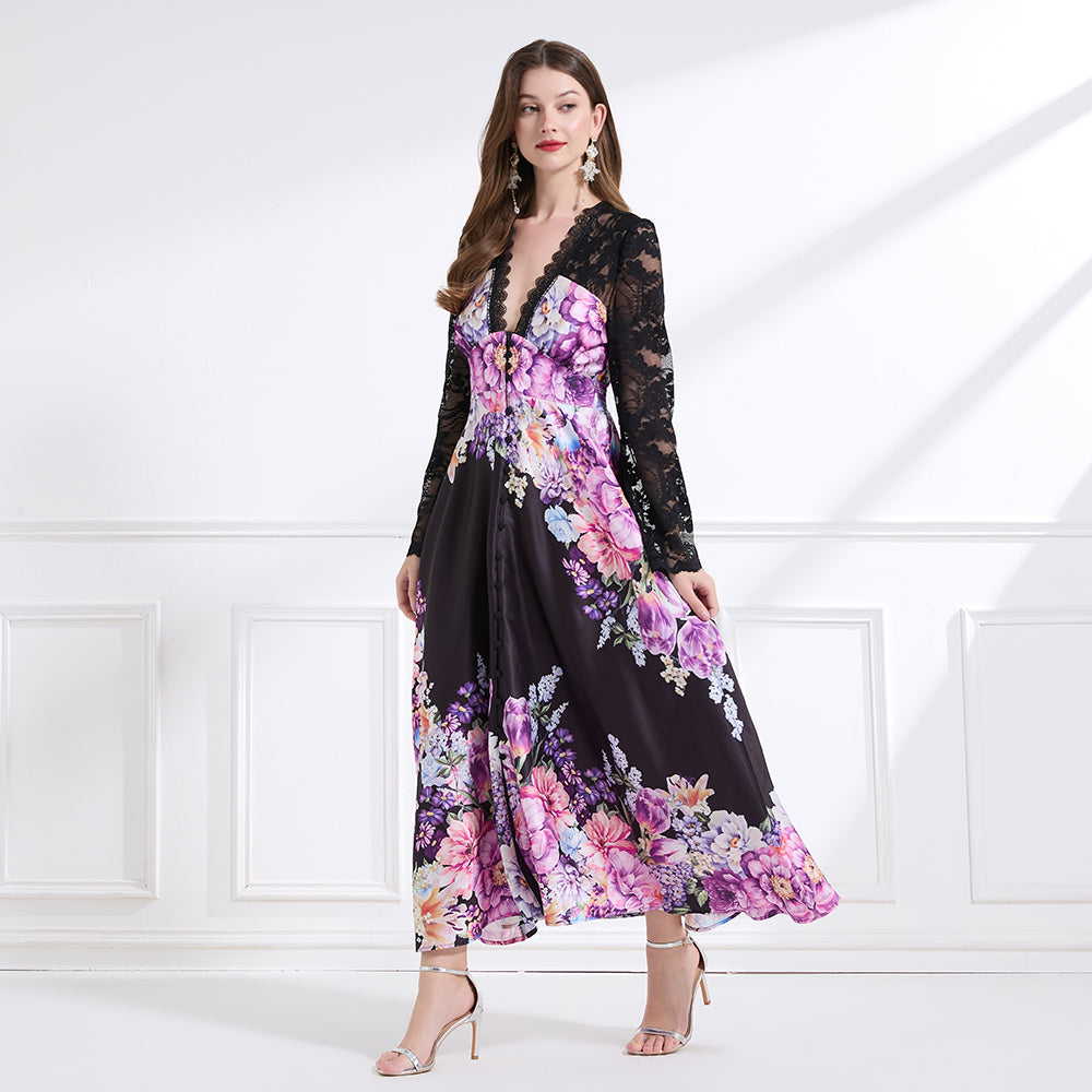 CM-DY041442 Women Trendy Bohemian Style Deep V-Neck Long Sleeve Pinched Waist Maxi Dress