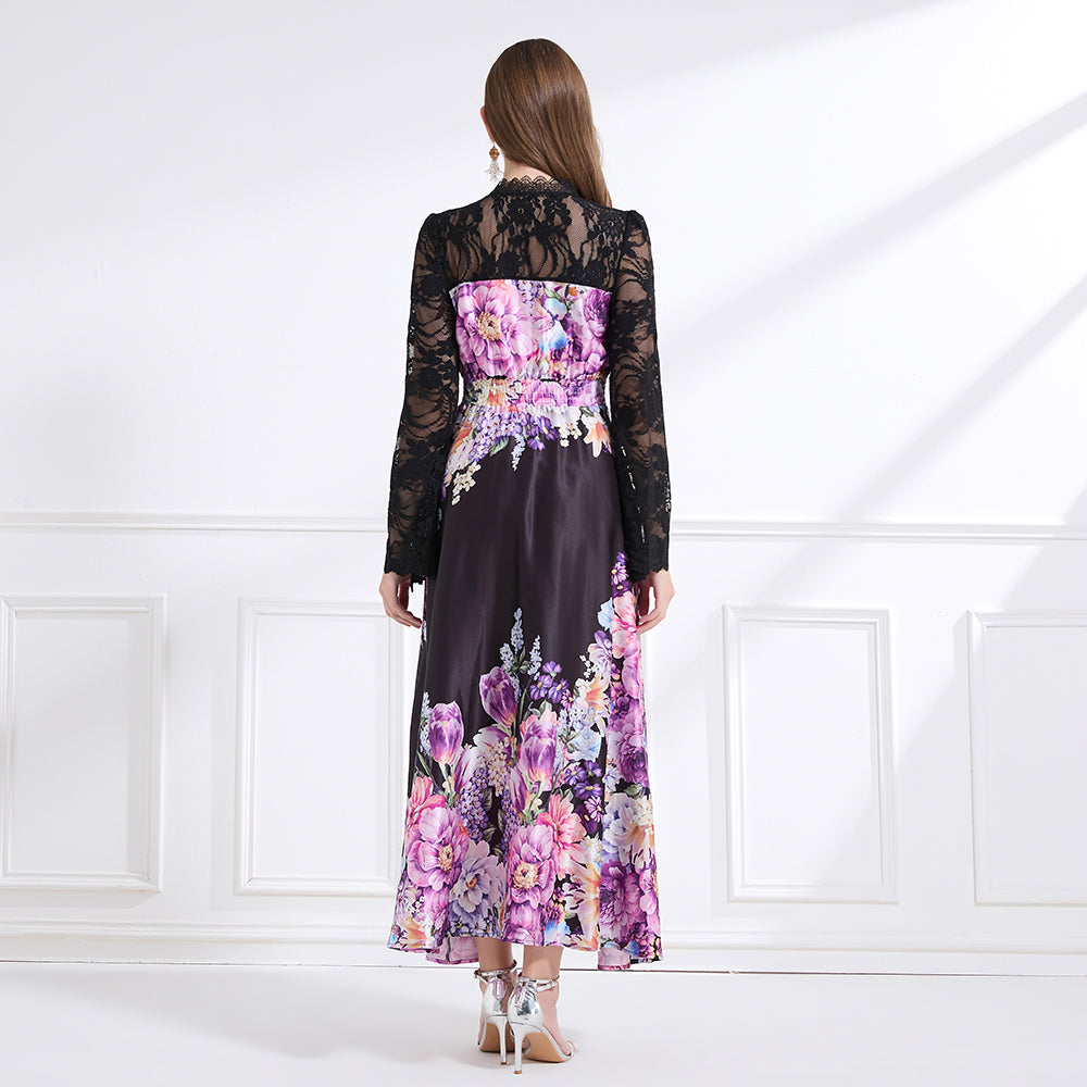CM-DY041442 Women Trendy Bohemian Style Deep V-Neck Long Sleeve Pinched Waist Maxi Dress