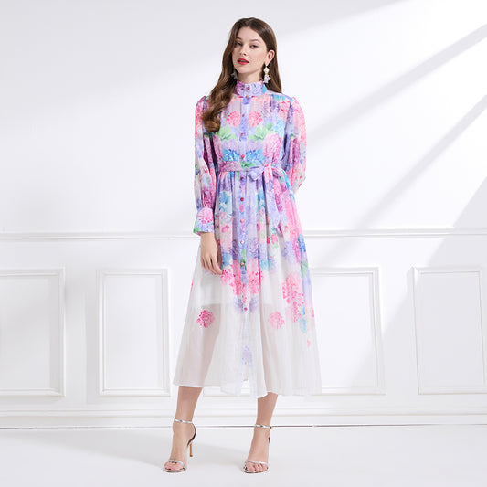 CM-DY041443 Women Trendy Bohemian Style Stand Collar Floral Prints Lantern Sleeve Dress