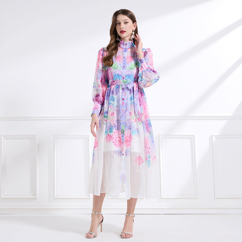 CM-DY041443 Women Trendy Bohemian Style Stand Collar Floral Prints Lantern Sleeve Dress