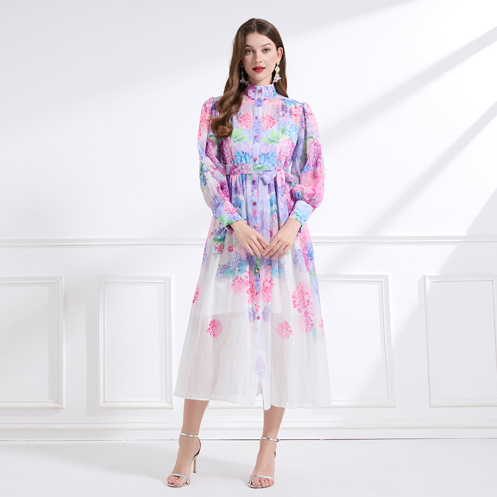 CM-DY041443 Women Trendy Bohemian Style Stand Collar Floral Prints Lantern Sleeve Dress