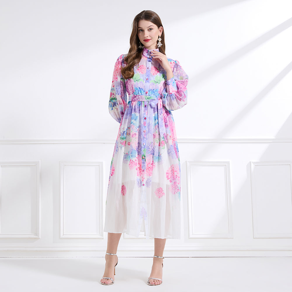 CM-DY041443 Women Trendy Bohemian Style Stand Collar Floral Prints Lantern Sleeve Dress