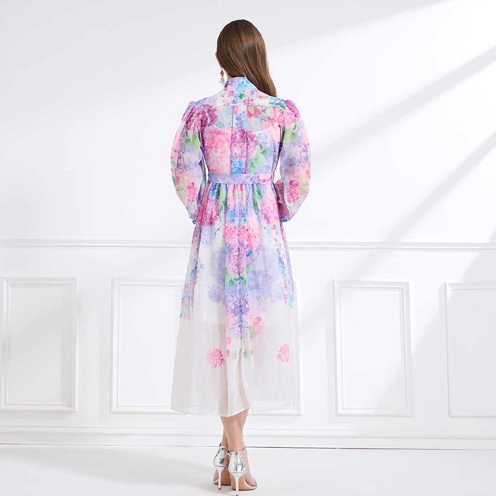 CM-DY041443 Women Trendy Bohemian Style Stand Collar Floral Prints Lantern Sleeve Dress