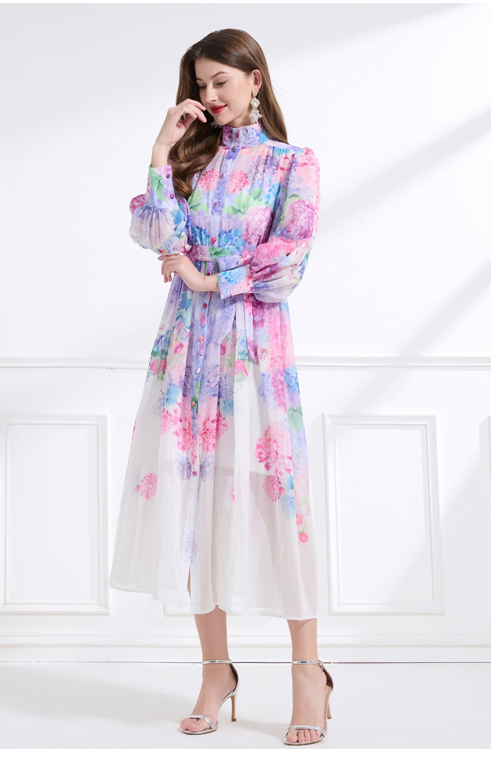 CM-DY041443 Women Trendy Bohemian Style Stand Collar Floral Prints Lantern Sleeve Dress