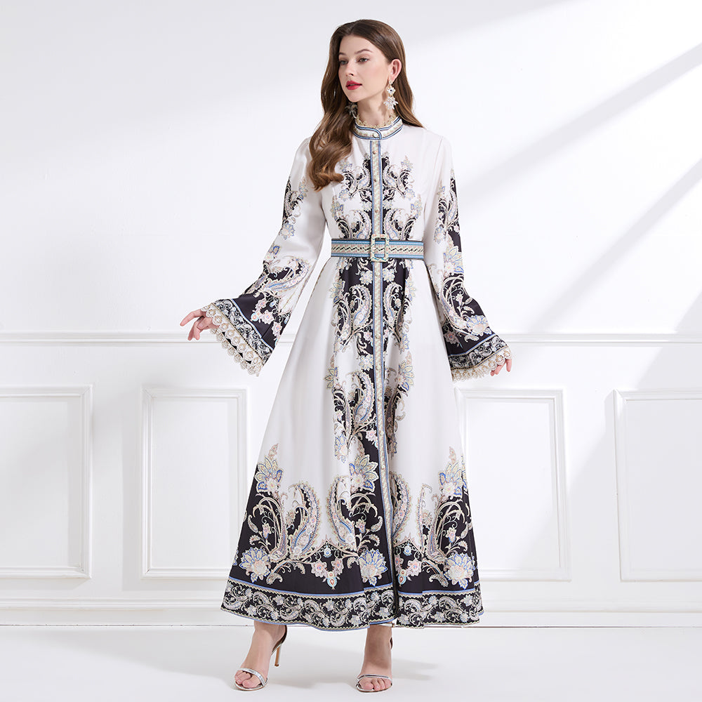 CM-DY041444 Women Trendy Bohemian Style Stand Collar Long Sleeve Belted Maxi Dress - White