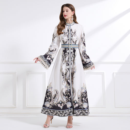 CM-DY041444 Women Trendy Bohemian Style Stand Collar Long Sleeve Belted Maxi Dress - White