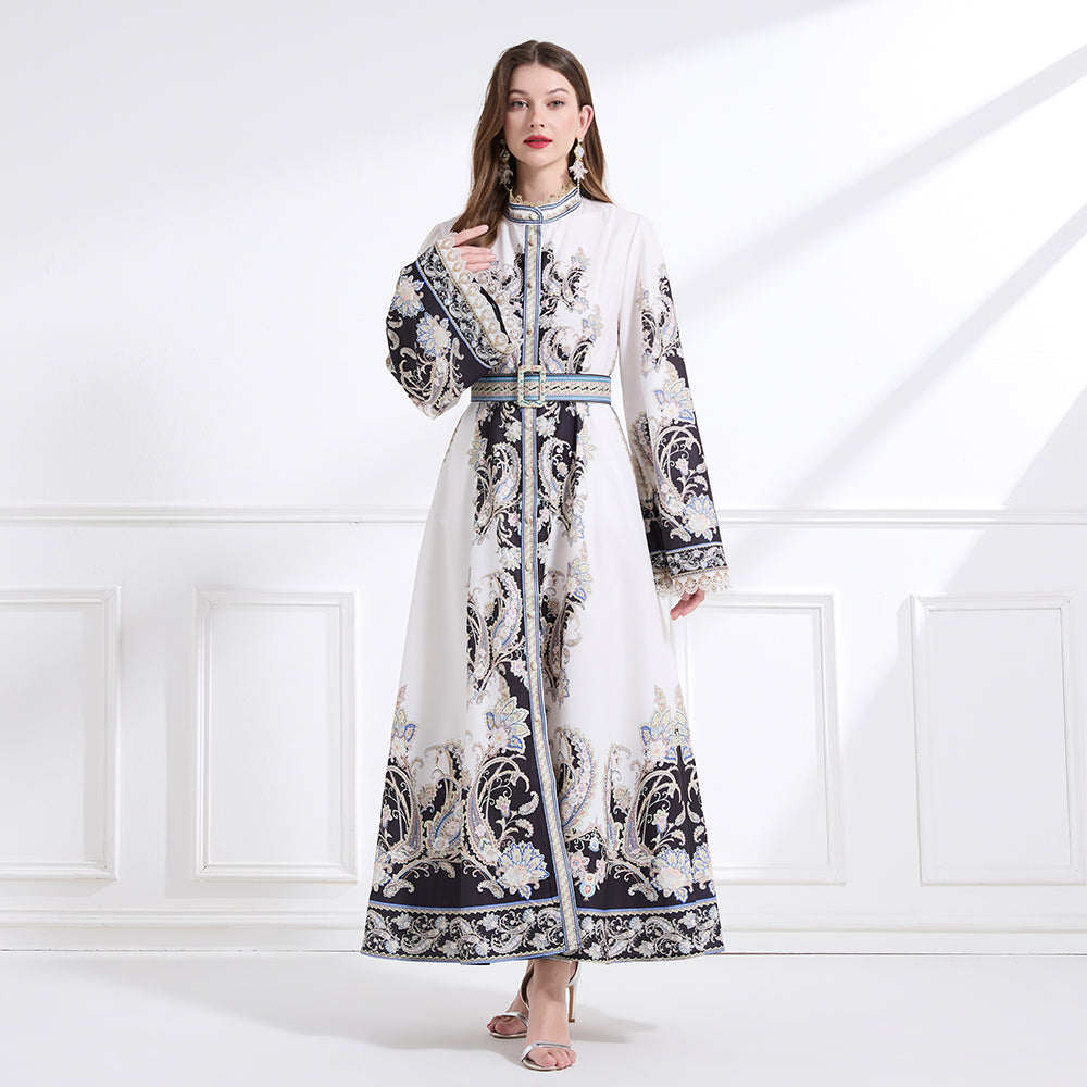 CM-DY041444 Women Trendy Bohemian Style Stand Collar Long Sleeve Belted Maxi Dress - White